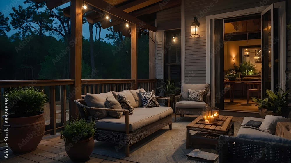 A porch with modern outdoor furniture sets the mood for a comfortable evening.