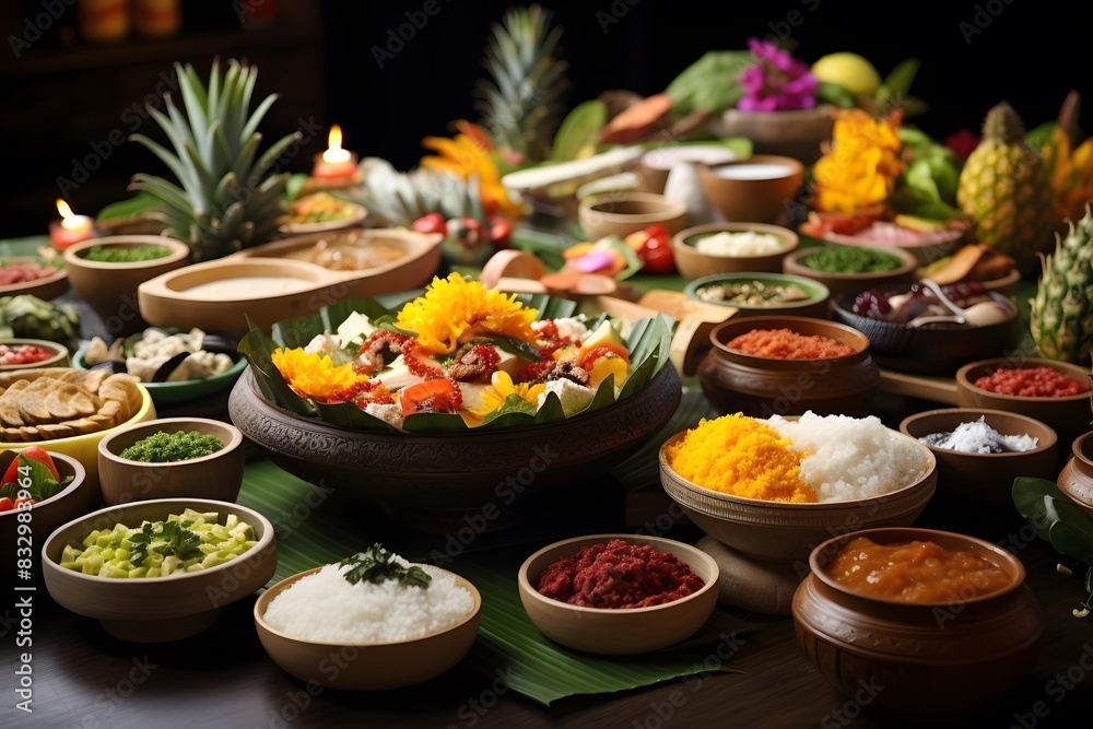 Traditional Vesak Food Offerings with Diverse Dishes and Fresh Fruits