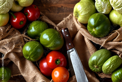 vegetables and fruits on table with Knife photo