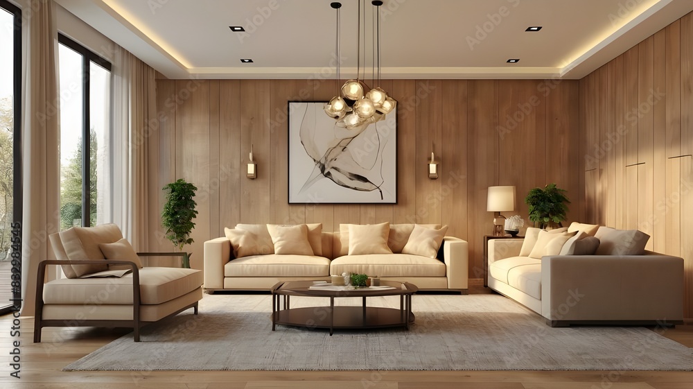 Fototapeta premium Modern villa living room design interior, beige furniture, bright walls, hardwood flooring, sofa, armchair with lamp. Concept of relax. 3d rendering