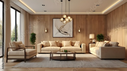 Modern villa living room design interior, beige furniture, bright walls, hardwood flooring, sofa, armchair with lamp. Concept of relax. 3d rendering © Mudassir