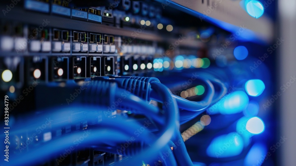 Network Switch and Blue Cable Connection: A Close-Up Network Switch and Blue Cable Connection: A Close-Up