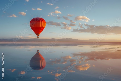 A hot air balloon floating over a vast salt flat reflecting the sky in a perfect mirror image