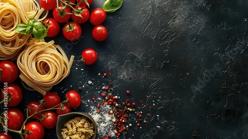 Cooking setup Cherry tomatoes pasta and spices on a table arranged from a top down perspective with room for text