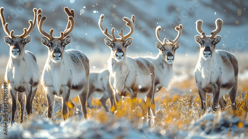 A serene nature tundra scene with a herd of reindeer grazing in the snow-covered landscape