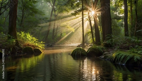 river in the middle of the closed forest with sun rays at dawn. Ai Generative
