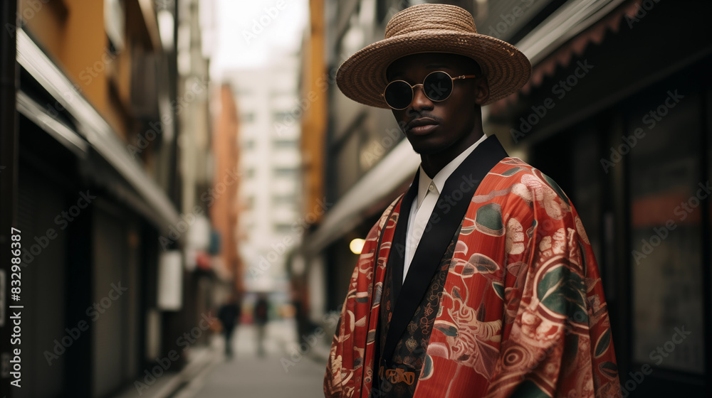 Fototapeta premium Fashion Model in Tokyo Street Wearing Nigerian Agbada