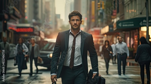 a young, ambitious businessman walking briskly through a bustling city street, his briefcase in hand.