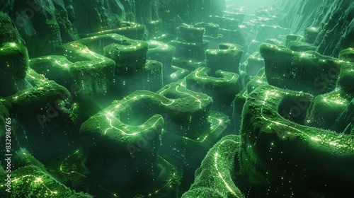 Futuristic 3D render of an abstract green valley with interconnected geometric structures and glowing elements