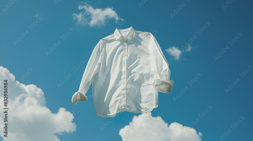 Clean shirt floating on a blue sky background, generative AI Clean shirt floating on a blue sky background, generative AI