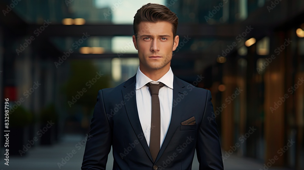 a young, confident businessman in a sharp suit, standing tall with a determined look on his face a young, confident businessman in a sharp suit, standing tall with a determined look on his face