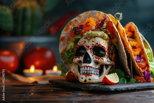 Honoring Ancestors: Day of the Dead (Dia de los Muertos) Celebration with Skulls and Tacos, Embracing Mexican Tradition and Culture in Remembrance and Celebration.