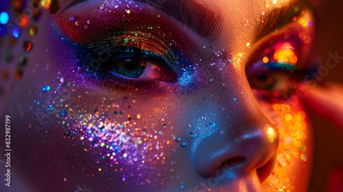 Close-up of a person's face adorned with vibrant, colorful glitter and makeup, creating a stunning artistic and dramatic effect.