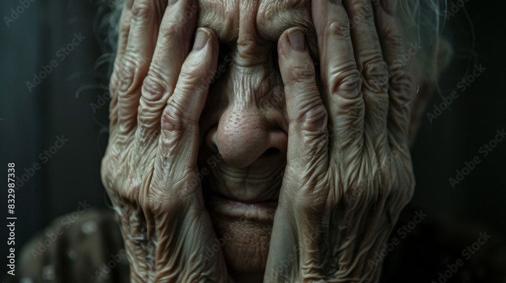 Close-up of an elderly person covering their face with wrinkled hands, depicting emotion, age, and life experiences. Close-up of an elderly person covering their face with wrinkled hands, depicting emotion, age, and life experiences.