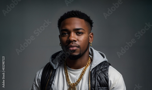 Black man with a white t-shirt, black puffer vest, and gold chain. Trendy hip hop rapper with confident expression. Copy space photo