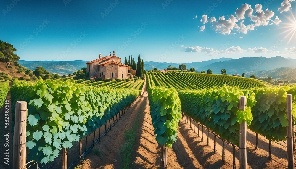A classic Italian vineyard in late summer, rows of grapevines heavy with fruit, and a rustic