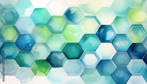  A dreamy blend of watercolor hexagons in various shades of blue and green, with gentle blend
