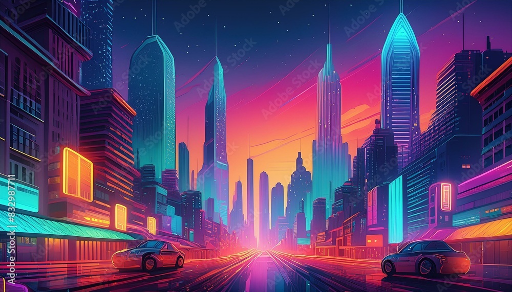  A vibrant cityscape at dusk, with bustling streets, glowing shop signs, and the silhouettes