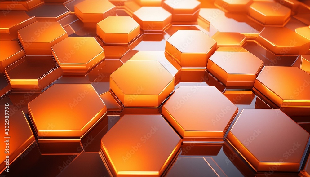 Bright, fiery orange hexagons with subtle gradients and shadow effects, against a dark, grad.