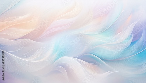  Soft, wispy streaks of light in pastel colors, resembling feathers, gently blending into a w photo