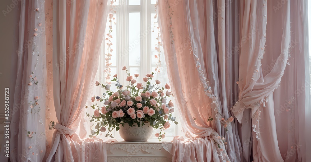 Ethereal Floral Dreams: Romantic Cornice in a Pastel-Hued Room. selective focus