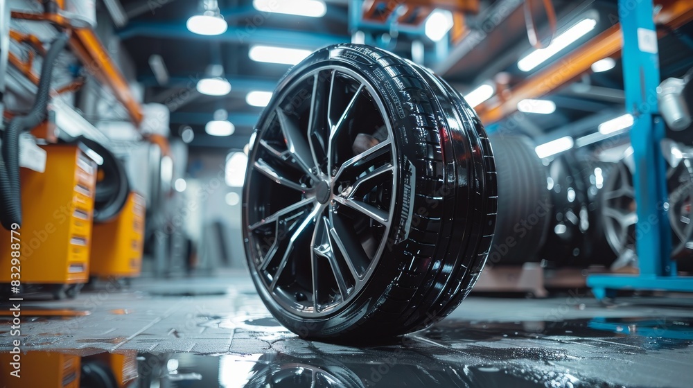 Fototapeta premium Industrial garage scene with a technician using an aerograph to paint a black aluminum alloy wheel, high precision and focus on craftsmanship