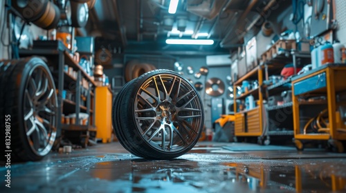 Industrial garage scene with a focus on a black aerograph painting session on an aluminum alloy wheel, showcasing the professional tools and expertise