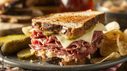 A traditional Reuben sandwich made with pumpernickel swirl rye bread served alongside a pickle and chips