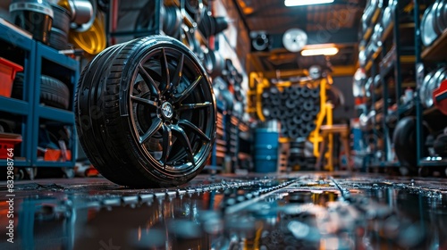 Industrial garage scene with a focus on a black aerograph painting session on an aluminum alloy wheel, showcasing the professional tools and expertise photo