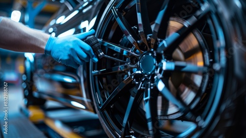 Industrial garage scene with a technician using an aerograph to paint a black aluminum alloy wheel, high precision and focus on craftsmanship photo