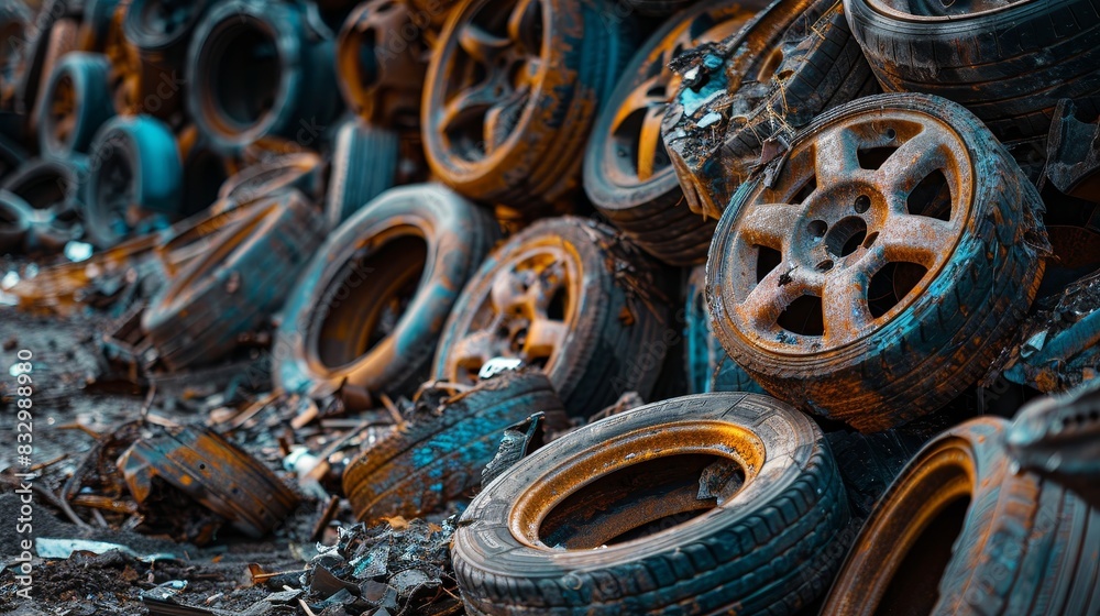 Fototapeta premium Heap of old, damaged alloy wheels in a recycling yard, focusing on the rough textures and patina in a raw, outdoor setting