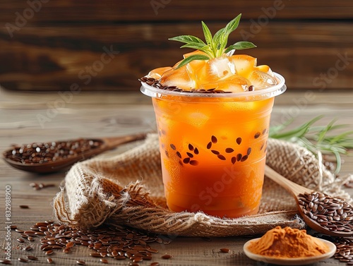 plastic cup with ice cold Thai tea photo