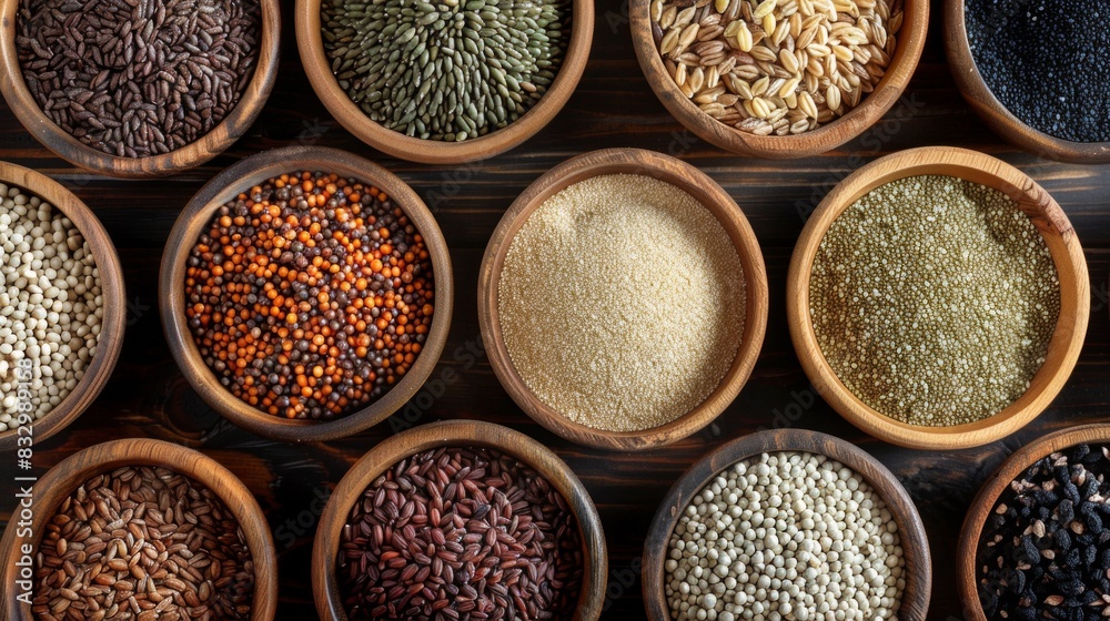 Arranged clay bowls with uncooked pulses, grains and seeds on white wood from above. spices background wallpaper Arranged clay bowls with uncooked pulses, grains and seeds on white wood from above. spices background wallpaper