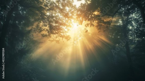 Sunlight streaming through lush green forest foliage  creating a serene and mystical atmosphere with gentle rays illuminating the scene.