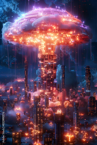 Neon-Infused Technographic Mushroom Cloud Erupting from Intricate Circuit Board Construct in Retro-Futuristic Industrial Landscape photo