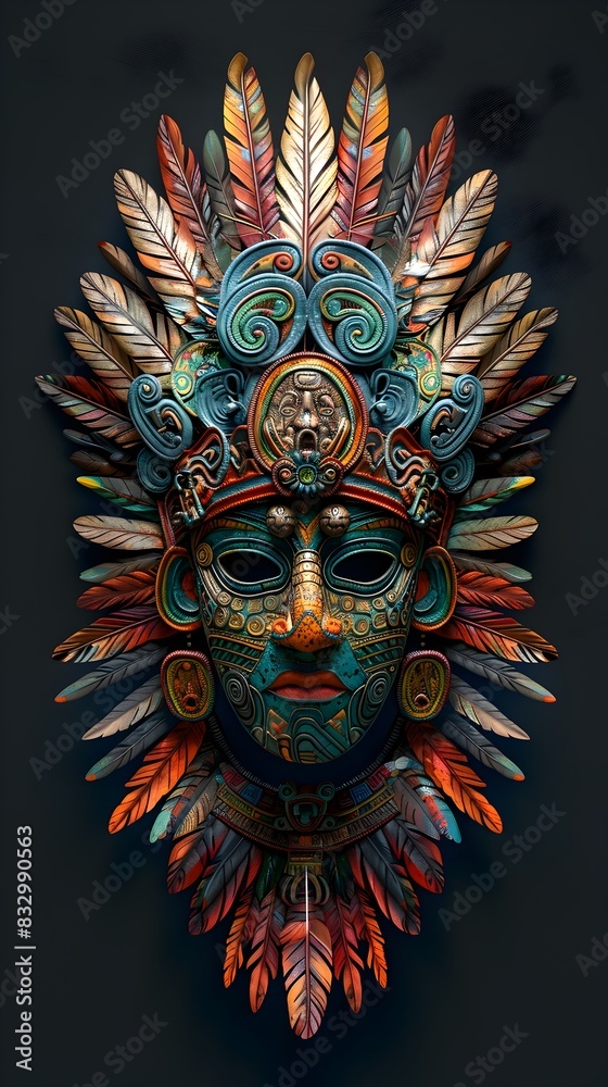 Ornate Mayan Ceremonial Mask with Feathered Headdress and Geometric Angular Design in Vivid Saturated Colors Ornate Mayan Ceremonial Mask with Feathered Headdress and Geometric Angular Design in Vivid Saturated Colors