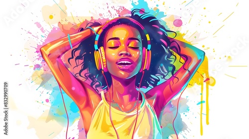 colorful watercolor girl with earphone