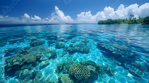 A stunning nature coral atoll with crystal-clear blue waters and vibrant coral reefs, the sky clear and blue above photo