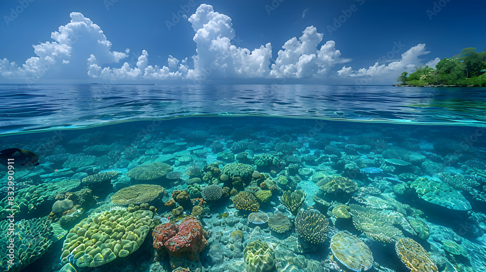 A stunning nature coral atoll with crystal-clear blue waters and vibrant coral reefs, the sky clear and blue above