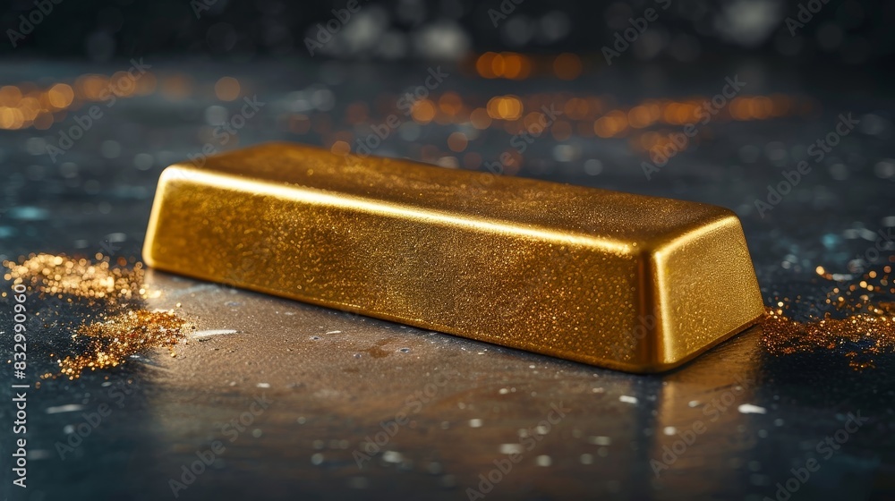Macro shot of a shiny gold bar, isolated on a dark background with studio lighting, showcasing its polished, luxurious surface Macro shot of a shiny gold bar, isolated on a dark background with studio lighting, showcasing its polished, luxurious surface
