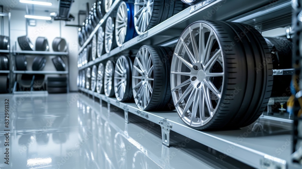 Modern design white alloy wheels neatly arranged on sleek alloy wheels storage shelving, ready to use, clean and organized, in a contemporary garage setting Modern design white alloy wheels neatly arranged on sleek alloy wheels storage shelving, ready to use, clean and organized, in a contemporary garage setting