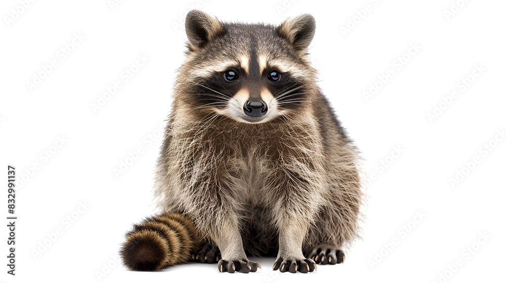 Fototapeta premium Close-up of a raccoon sitting on an isolated white background , generative AI