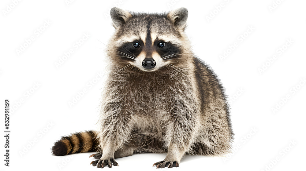 Close-up of a raccoon sitting on an isolated white background , generative AI Close-up of a raccoon sitting on an isolated white background , generative AI