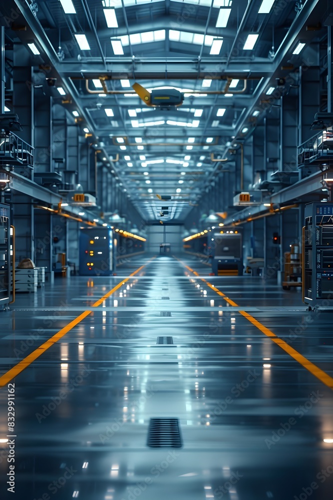 Pristine Sci-Fi Factory Interior Showcasing State-of-the-Art Robotics and Advanced Computer Systems in a Clean,Organized Aesthetic Pristine Sci-Fi Factory Interior Showcasing State-of-the-Art Robotics and Advanced Computer Systems in a Clean,Organized Aesthetic