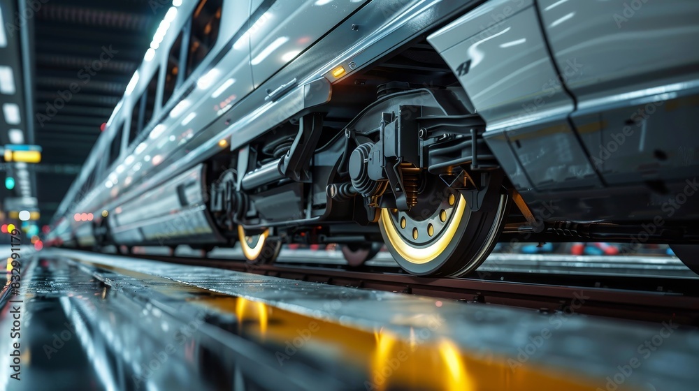 Fototapeta premium Modern high-speed train wheels and track close-up, showcasing advanced engineering, sleek design, and clean lines