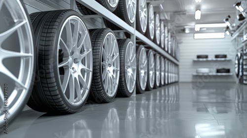 Modern design white alloy wheels neatly arranged on sleek alloy wheels storage shelving, ready to use, clean and organized, in a contemporary garage setting © Alpha