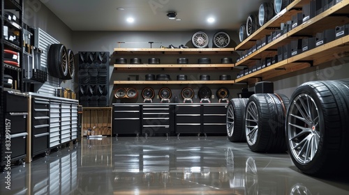 Modern garage with sleek black alloy wheels on display, stored on clean, organized shelving, ready for use, showcasing a minimalist design photo