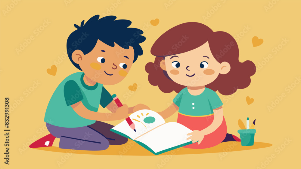 Two siblings create a collaborative art diary using their drawings and words to strengthen their bond and express their love for each other.. Vector illustration Two siblings create a collaborative art diary using their drawings and words to strengthen their bond and express their love for each other.. Vector illustration