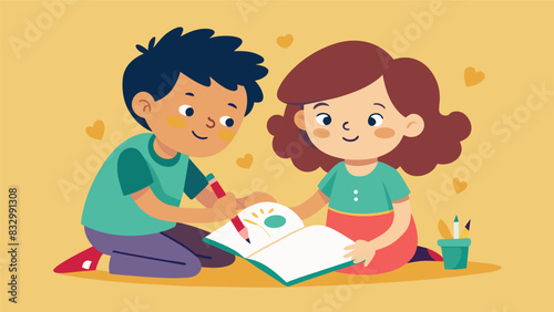 Two siblings create a collaborative art diary using their drawings and words to strengthen their bond and express their love for each other.. Vector illustration