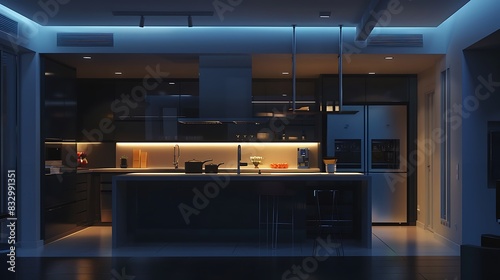 Trendy and spacious ultra modern apartment showcasing a luxury kitchen decor in dark hues  illuminated by cool LED lighting and featuring an island for cooking  HD captured